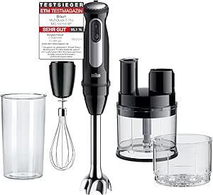 Braun MultiQuick 5 Pro MQ55755M, Stabmixer mit 25 Geschwindigkeitsstufen, Easy Click System Plus, 1000W, Schwarz inkl. Mini Küchenmaschine, Zerkleinerer, Schneebesen, Mix- und Messbecher (600 ml)