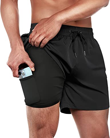 BRISIRA Swim Trunks Men Swim Shorts Quick Dry 5 inch Inseam Beach Shorts with Compression Liner and Zipper Pocket