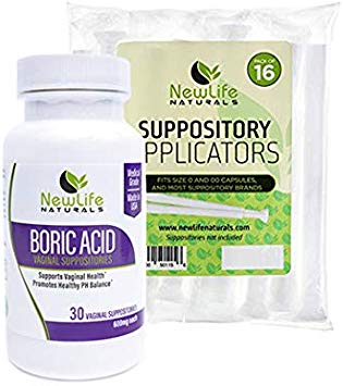 NewLife Naturals Boric Acid Suppositories 600mg w/Vaginal Applicators: 30 Suppositories & 16 Applicators - pH Balance for Women, Yeast Infection Treatment: Made in USA