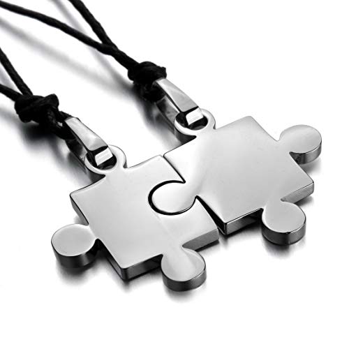 INBLUE Men,Women's 2 PCS Stainless Steel Pendant Necklace Jigsaw Puzzle Love Couple Adjustable 20~22 Inch Chain