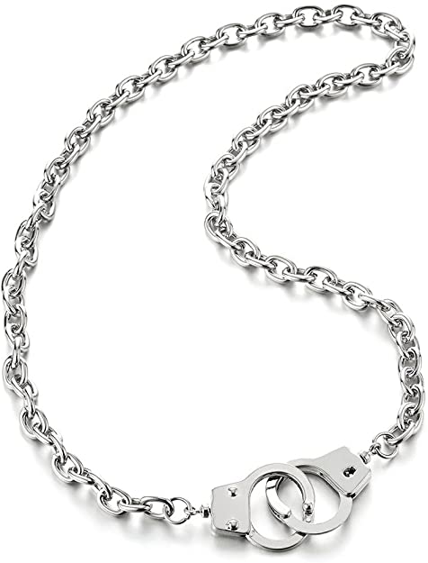 COOLSTEELANDBEYOND Mens Womens Chain Link Handcuff Necklace Silver Color, 26.8 inches Rope Chain, Punk Rock