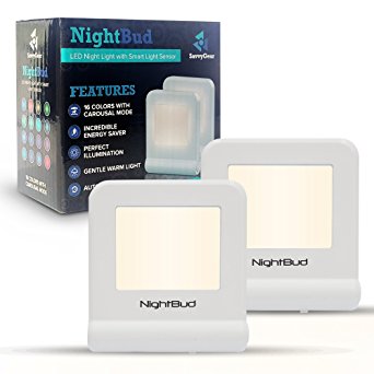 Best LED Night Light for Kids - Perfect Illumination Sensor w/ 16 Colors & Carousal Mode - Comforting Kids Night Light - Eco-friendly 30 Cents/Year - NightBud Slim Modern Night Light Plug In (2Pack)