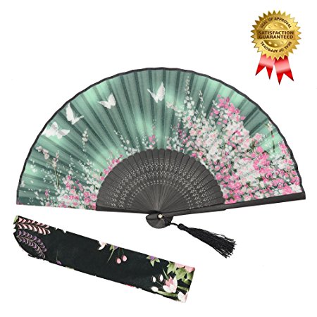 OMyTea Women Hand Held Silk Folding Fan with Bamboo Frame - With a Fabric Sleeve for Protection for Gifts - Sakura Cherry Blossom Pattern (WZS-2)