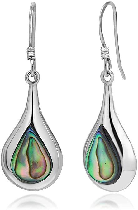 925 Sterling Silver Inlay Puffed Teardrop Shaped Turquoise, Abalone, Red Coral Dangle Earrings 1.4”