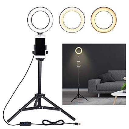 MeeQee 6.3" Ring Light with Tripod Stand for Live Stream and YouTube Video, Dimmable 3 Light Modes & 10 Brightness Level LED Selfie Light & Cell Phone Holder Desktop Lamp for Video Recording, Makeup