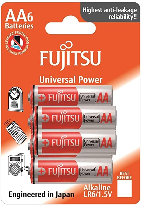 Fujitsu Universal AA Alkaline Battery, LR6, 1.5 Volts, Double A - Pack of 6 Batteries (6ct)