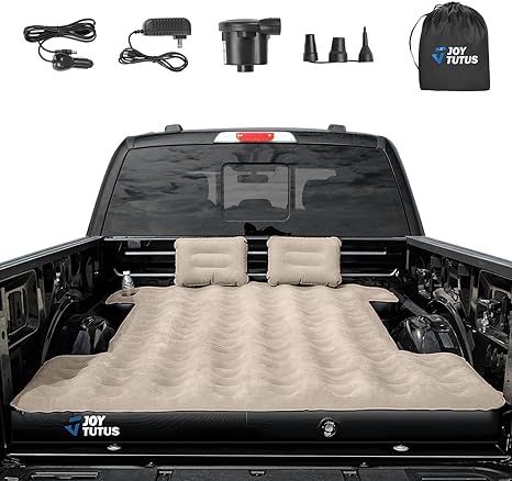 JOYTUTUS Truck Bed Mattress for 5-5.5Ft, Full Size Inflatable Mattress Short Truck Beds for Outdoor Camping, Truck Tent Accessories with Carry Bag & Cup Holder & Cavity Design, Camel