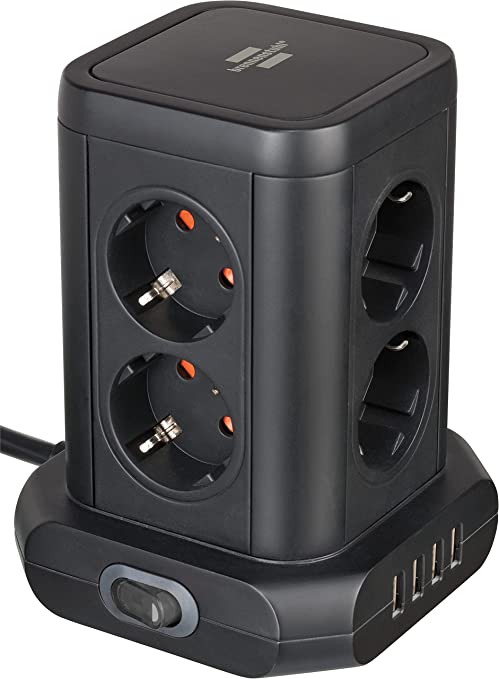 Brennenstuhl Steckdosenturm 8-Fach mit USB (TÜV-Süd geprüft, 4X USB, zweipoliger EIN-/Aus-Schalter, Steckdosen in 45°-Anordnung, 2m Kabel) schwarz