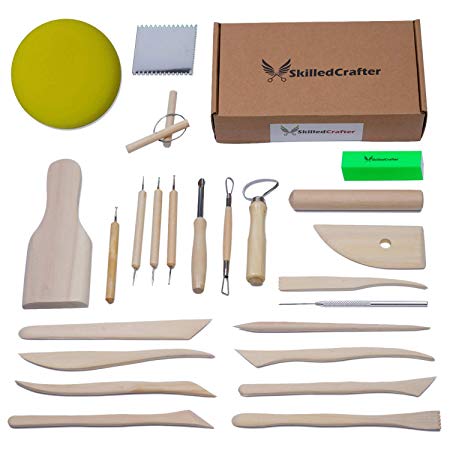 Skilled Crafter Clay Tools Set. Premium Quality Detailing, Modeling, Sculpting & Pottery Wheel Tools. 22 Piece Wood/Metal Kit. FREE Sponge! Deluxe Set Best for Potters/Artists of Ceramic, Sculpey etc