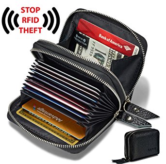 Women's Genuine Leather RFID Secure Spacious Cute Zipper Card Wallet Small Purse