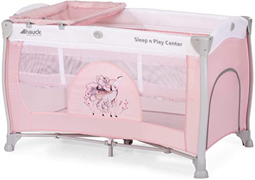 Hauck Sleep N Play Center 3, 7-part Folding Travel Cot from Birth to 15 kg, Bassinet and Changing Top, Folding Mattress and Wheels, Side Opening, 120 x 60 cm - Pink