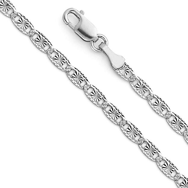 14k White Gold Solid 2.5mm Valentino Star/Edge Diamond Cut Chain Bracelet with Lobster Claw Clasp - 7"