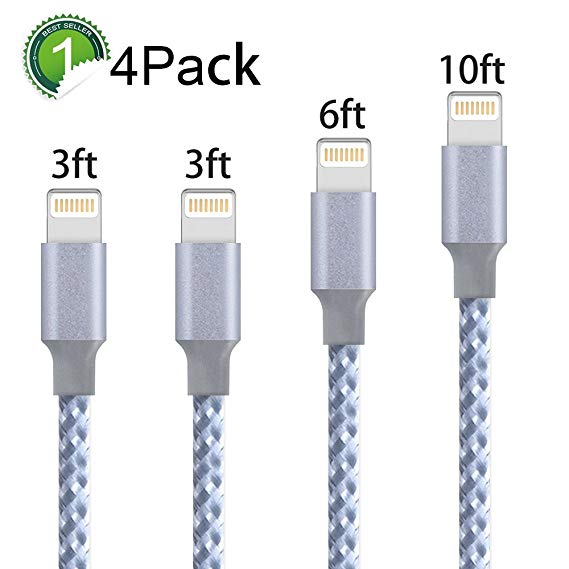 Lightning Cable,AOFU Charger Cables 4Pack 23FT 6FT 10FT to USB Syncing and Charging Cable Data Nylon Braided Cord Charger for iPhone X/8/8Plus/7/7Plus/6/6Plus/6s/6sPlus/5/5s/5c/SE and more-GrayWhite