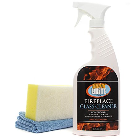Fireplace Glass Cleaner by Quick'n Brite 16 oz - Includes free microfiber cloth and sponge ; Non-toxic; Removes soot, smoke, creosote & more