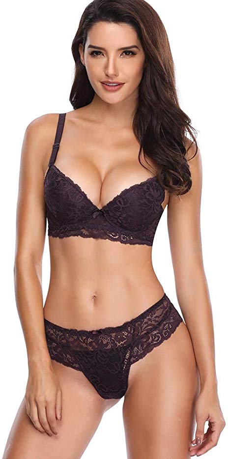 SHEKINI Women's Push Up Bras Lace Lingerie Bra and Panty Sets 2 Piece Sexy Bodysuit