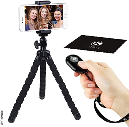 Flexible Cell Phone Tripod and Bluetooth Remote Control Camera Shutter - for iPhone, Samsung Galaxy and many more - Octopus Style Mount - Universal Phone Holder - Solution for Smartphone Photography