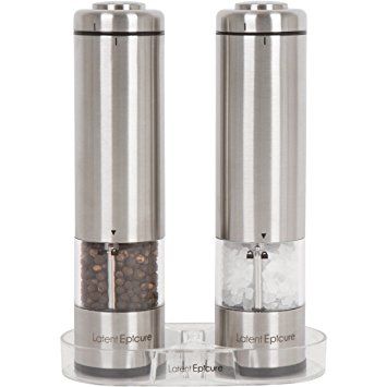 Latent Epicure Battery Operated Salt and Pepper Grinder Set (Pack of 2 Mills) - Complimentary Mill Rest | LED Light | Adjustable Coarseness |