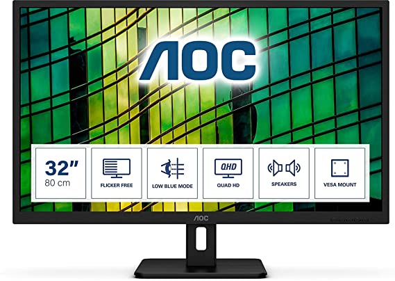 AOC Q32E2N - 32 Inch QHD Monitor, 75Hz, 4ms, IPS, Speakers, FlickerFree, LowBlue Light (2560x1440 @ 75Hz, 250cd/m², HDMI/DP)