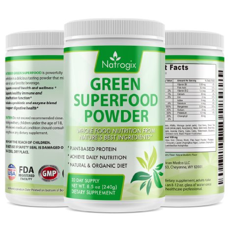 Natrogix Green Superfood Dietary Supplement - Gluten Free, Vegan Whole Food Nutrition & Powerful Antioxidant and Fiber Powder & Rich in Vitamins, Minerals and Probiotics (8.5Oz), 30 Servings.
