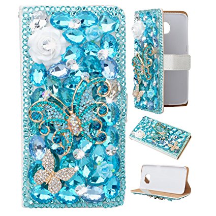 Samsung Galaxy S8 Case, Spritech PU Leather Wallet Phone Case 3D Handmade Bling Design Flower Butterfly Decorated Folding Protected Smartphone Cover with Card Slots for (2017) Samsung Galaxy S8