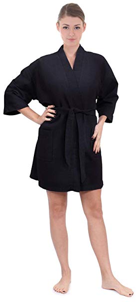 Turkish Linen Women's Knee Length Waffle Weave Kimono Bathrobe, Short Spa Robes