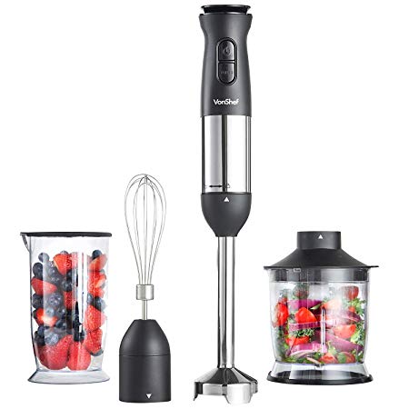 Vonshef 220 Volt 240 Volt Hand Blender Ultra-Stick 800 Watts 6-Speed Powerful Immersion Multi-Purpose 3 In 1 Hand Blender Black Stainless Steel Finish With Chopper,Whisk,Beaker and Bundle With Dynastar Plug Adapters | 220-240volts (NOT FOR USA)