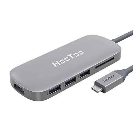 USB C Hub, HooToo Shuttle 3.1 Type C USB Hub with Power Delivery for Charging, HDMI Output, Card Reader, 3 USB 3.0 Ports for Apple New MacBook 12-Inch, ChromeBook Pixel 2015, Support 4K Resolution - Space Gray