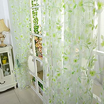 Norbi Decorative Floral Tulle Voile Door Window Rom Curtain Drape Panel Sheer Scarf Valances (Green)