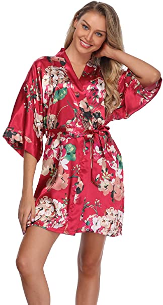 Women's Floral Satin Kimono Robes Short Bridesmaid Robes for Wedding Party