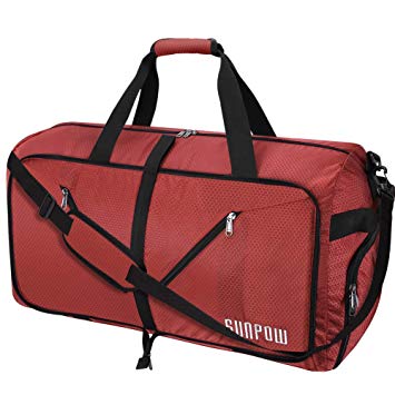 SUNPOW 65L Travel Duffel Bag, Gym Bag With Shoes Compartment Tear & Water Resistant Foldable Duffle Bag For Men Women Red