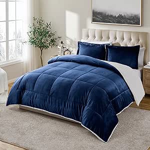 Cathay Home King Comforter Set: Ultra Soft and Plush Reversible Micromink and Sherpa 3-Piece Bedding Set, Navy, King (102" x 90")