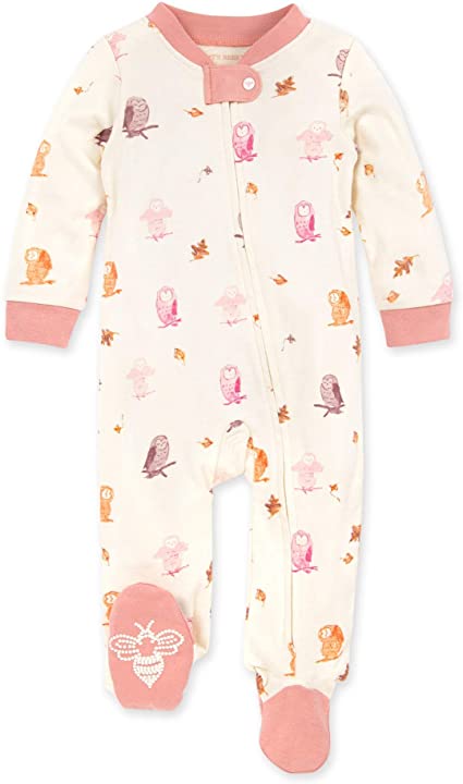 Burt's Bees Baby Baby Sleep & Play, Organic One-Piece Romper-Jumpsuit PJ, Zip Front Footed Pajama, Owls and Leaves, 0-3 Months