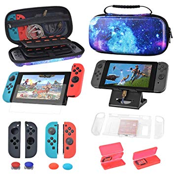 Carry Case for Nintendo Switch with 40 Game Cartridge Holders, Silicone Handle Set Red & Grey, Tempered Film, Host Bracket, Protective Hard Shell Portable Console & Accessories Starry Sky Design