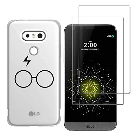 LG G5 Case with 2 Pack Glass Screen Protector Phone Case for Men Women Girls Clear Soft TPU with Protective Bumper Cover Case for LG G5 -Glasses