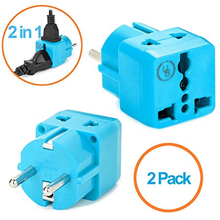 European Plug Adapter by Yubi Power 2 in 1 Universal Travel Adapter with 2 Universal Outlets - 2 Pack - Light Blue - Shucko Type E / F for France, Germany, Spain, Sweden, Turkey, Ukraine and More!