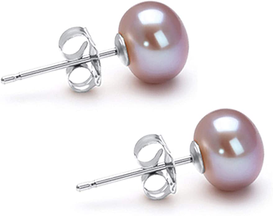 AA 6-10mm Lavender Freshwater Cultured Pearl Earrings Stud for Women with 925 Sterling Silver Settings and Jewelry Gift Box