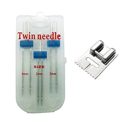 FF Elaine 3 Pcs Twin Stretch Machine Needle Double Twin Needles Pins (3 Size Mixed 2.0/90 3.0/90 4.0/90) and 9 Groove Pintuck Presser Foot Sewing Machine Accessories