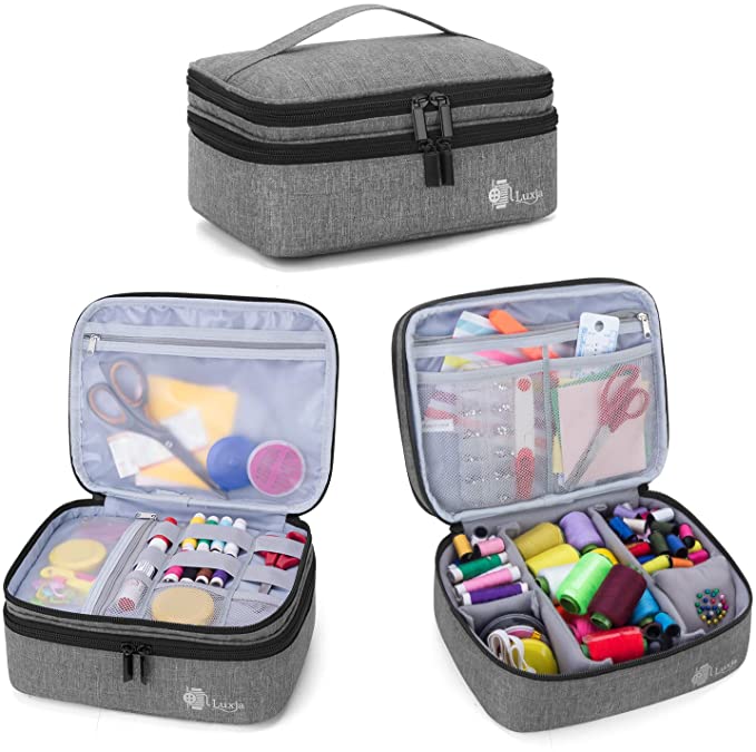 Luxja Double-Layer Sewing Supplies Organiser, Sewing Accessories Organiser for Needles, Thread, Scissors, Measuring Tape and Other Sewing Tools (Bag Only), Medium/Grey