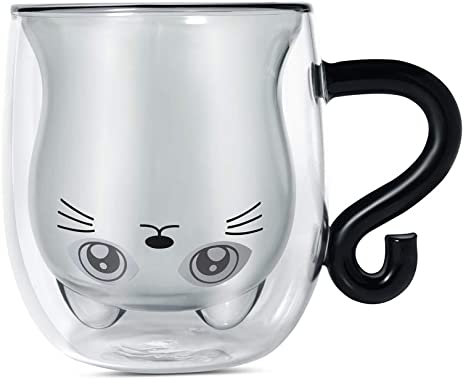 Cute Mugs Glass Double Wall Insulated Glass Espresso Cup, Coffee Cup, Tea Cup, Milk Cup (Black Cat)