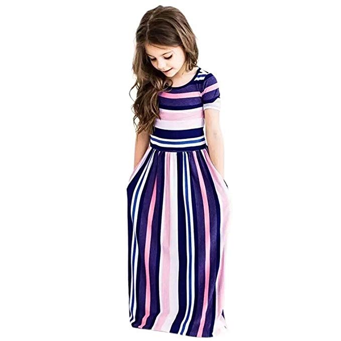 Miss Bei Girl's Summer Short Sleeve Stripe Holiday Dress Maxi Dress with Pocket Size 0-7T，Long Sleeve has Arrived 3-9T！！