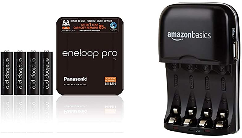 Panasonic eneloop Pro AA Rechargeable Ready-To-Use Ni-MH Batteries, Pack of 4.(BK-3HCDE/4LE) & AmazonBasics Ni-MH AA & AAA Battery Charger With USB Port