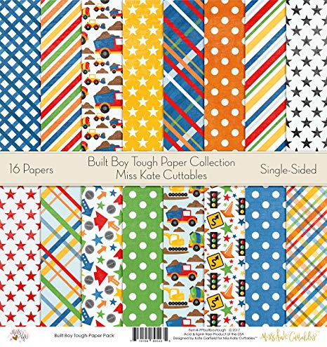 Built Boy Tough Printed Scrapbook Paper Set By Miss Kate Cuttables: Craft Supplies For Scrapbooking, Single - Sided 12"x12" Decorative Cardstock Collection Kids Play Time Construction Theme-Pack Of 16