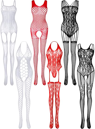 6 Pieces Mesh Lingerie Stockings Fishnet Bodysuits Hollow Fishnet Sleepwear for Women Girls