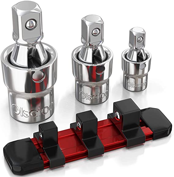 Olsa Tools 3 Pc. Universal Joint Set | Light Socket Adapter 1/2-Inch drive, 3/8-Inch Drive, and 1/4-inch drive |Aluminum rail Included | Heavy-Duty | Great for Automotive, Wheels, and Lug Nuts