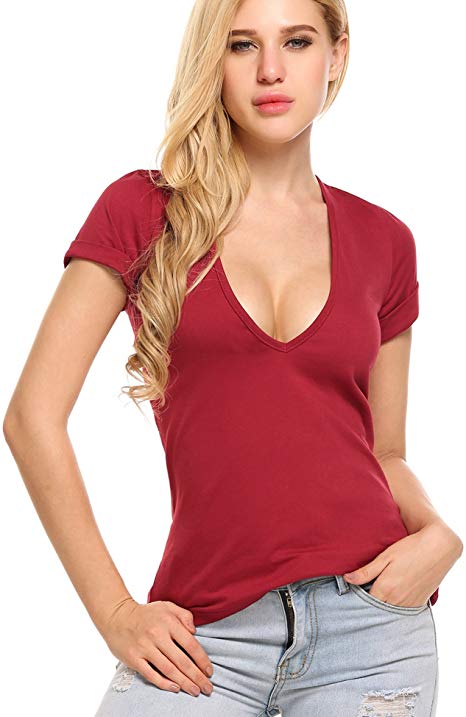 Beyove Women's Deep V T-Shirt Summer Short Sleeve Loose Casual Tee