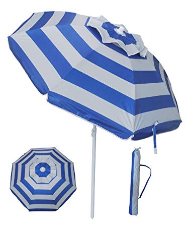 YATIO-6ft Beach Umbrella Sun Shelter with Tilt, Fiberglass Ribs, Windproof Canopy, Telescopic Pole, Carry Bag-Blue Stripe