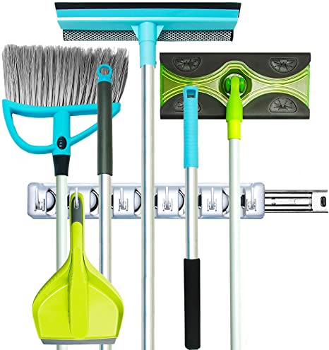 Guay Clean Broom and Mop Holder - Garden Tool Organizer - Home Storage Utility Rack- Strong Grip Hangers with Foldable Hooks - Heavy Duty Wall Mounted Shelf System - with Rail
