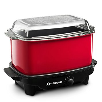 6 Quart Slow Cooker flat base with glass cover, and Griddle (Red)