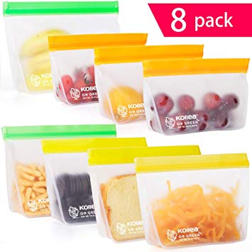 Reusable Sandwich Bags, Kollea 8 Pack Freezer Ziplock Bags, Extra Thick BPA Free Lunch Bags Neverleak Silicone Storage Bags, Snack bags for Food & Home Organization