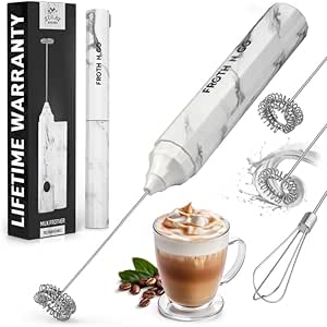 Zulay Froth N Go Milk Frother Rechargeable - 3-in-1 Frother Wand With Case & USB-C Charger - Comes With 3 Whisk Attachments for Latte, Cappuccino, Matcha, Protein Shakes - White Marble